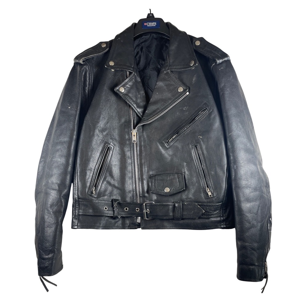 Vintage 80s FMC Leather Motorcycle Jacket Black Harley Patch Medium 40 42